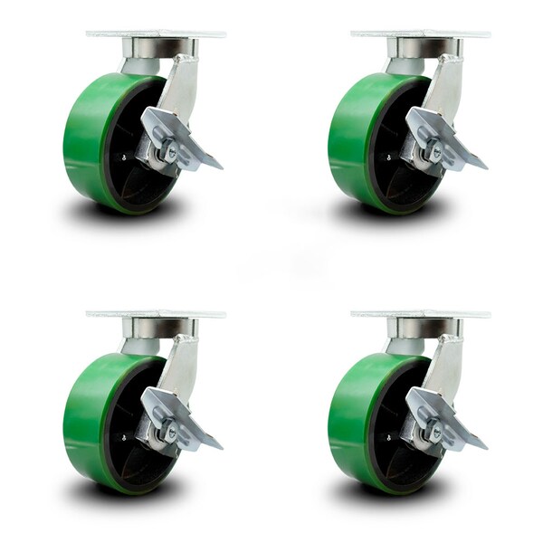 Service Caster 8 Inch Heavy Duty Green Poly on Cast Iron Caster Brakes 2 Swivel Locks, 4PK SCC-KP92S830-PUR-GB-SLB-BSL-2-SLB-2 - main